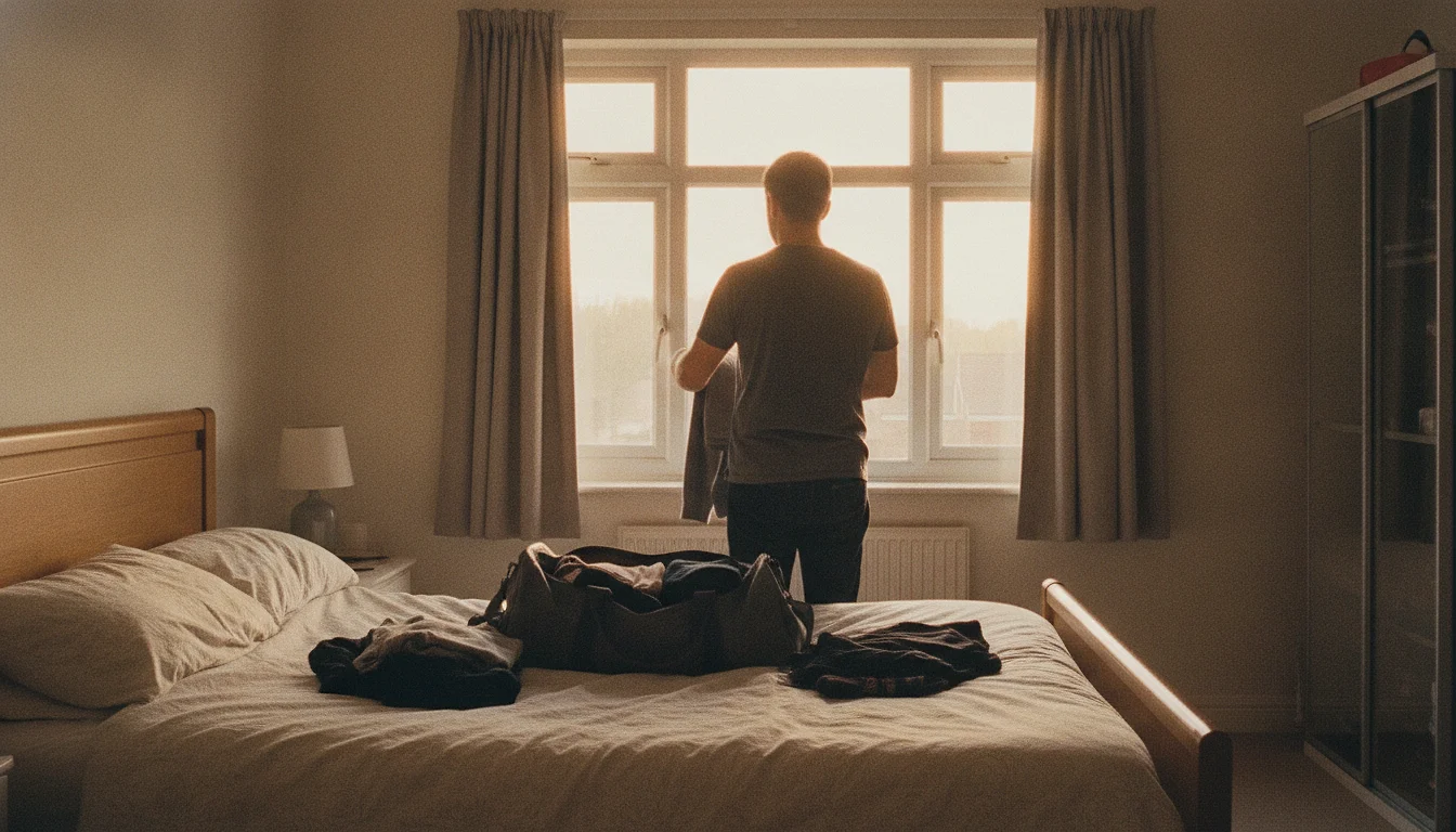 A man standing beside a bed with a half-packed duffel bag, a folded jumper held in both hands, his head turned toward the bright window instead of the bag.
