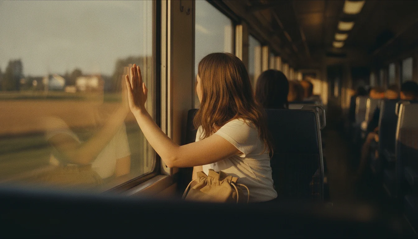 A woman in a train window seat in low golden light, one hand pressed flat against the glass, her head turned back toward whatever the train is leaving behind.