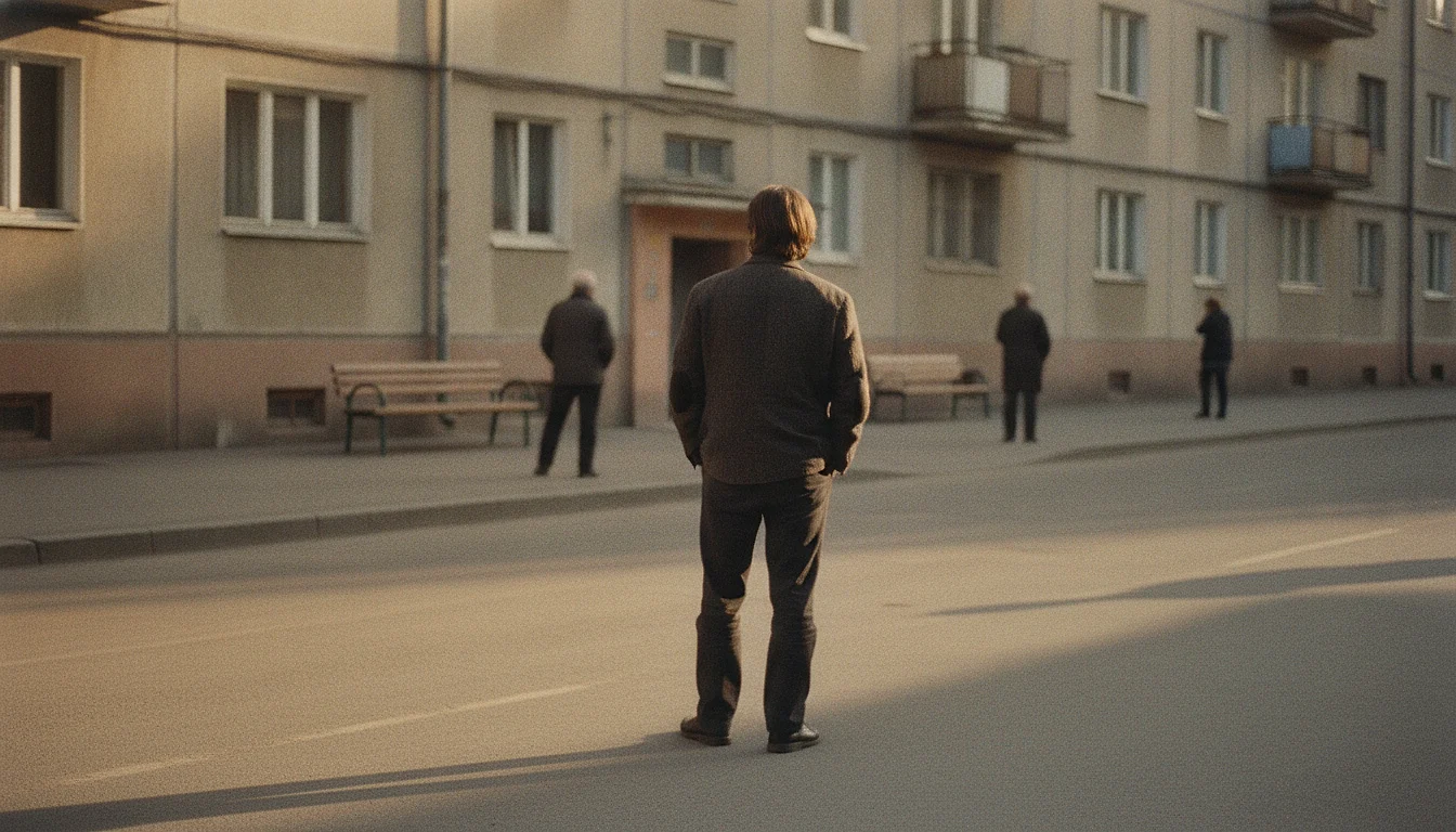 A man stopped on the pavement across the street from an apartment building in low sun, angled as if he had already walked past it and turned halfway back.