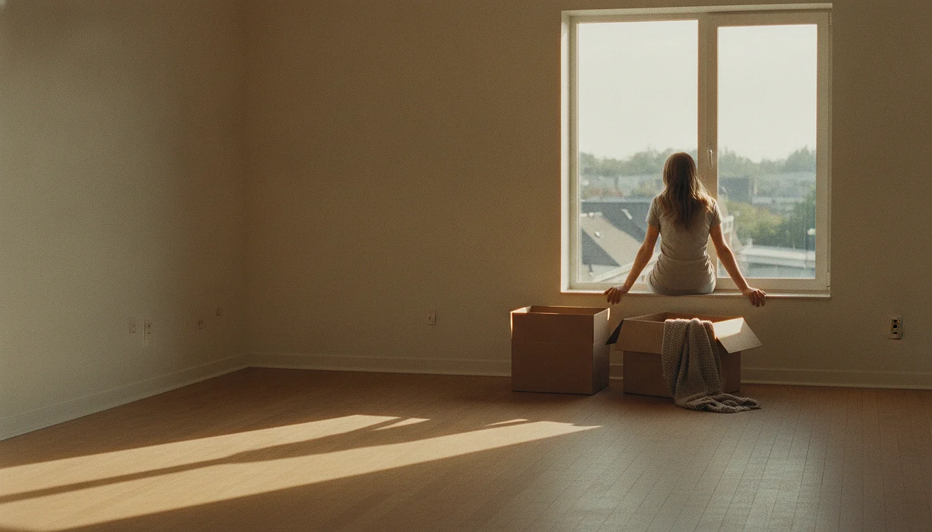 A woman sitting on the windowsill of a nearly empty flat beside two moving boxes, one of them open with a familiar blanket half pulled back out.