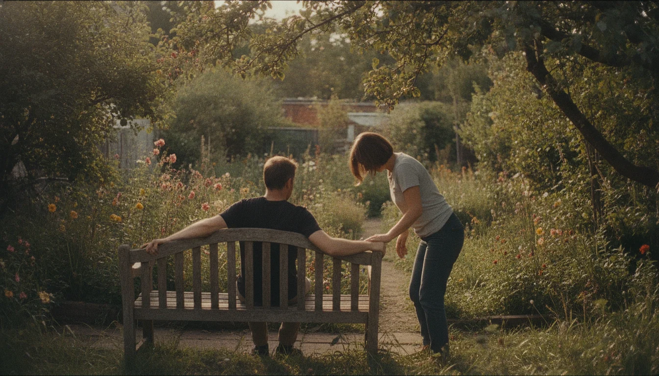 A woman standing behind a garden bench, turned as if to leave, reaching back to rest her hand on the bench beside the seated man's hand.