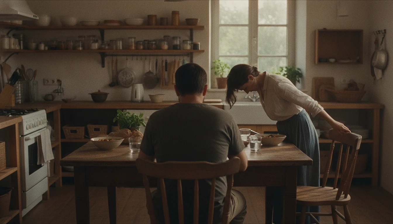 A woman paused beside a kitchen table, bent toward it with one hand on a chair back, while a man sits at the meal with his back to the camera.