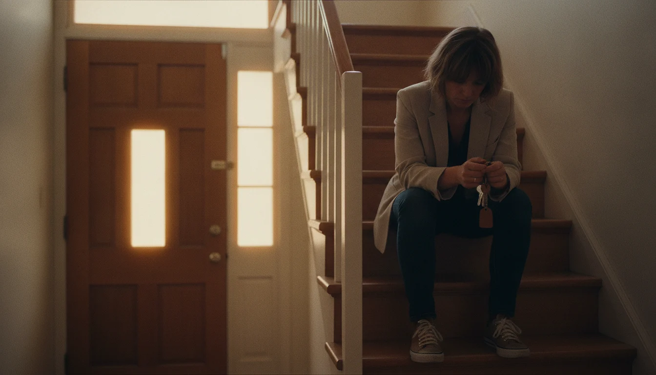 A woman dressed to go out, jacket and shoes on, sitting back down on the interior stairs of her flat with her keys held in both hands.