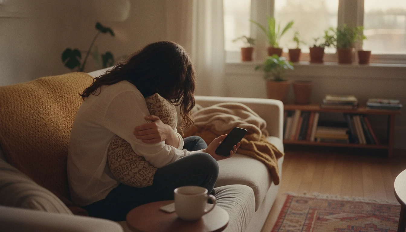 A woman curled on a sofa in warm evening light, a cushion pulled to her chest, her thumb hovering over the dark unlit screen of a phone held in her other hand.