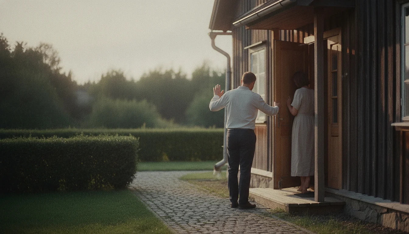 A man on the path outside a front door, one hand raised in an unfinished wave, while the woman inside holds the door half open, her face turned into the house.
