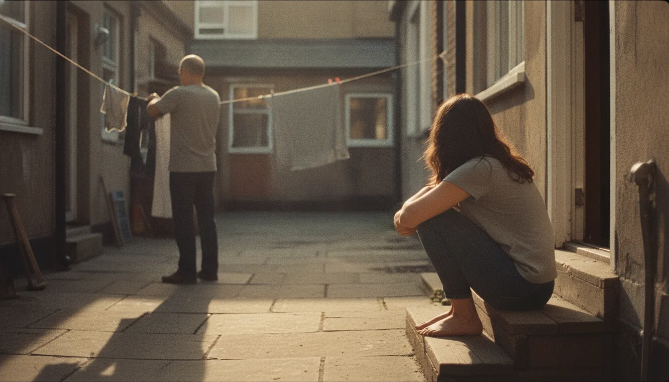 A man calmly pinning laundry to a line in a small courtyard while a woman sits apart on the back step, knees drawn up, watching him from the distance she chose.