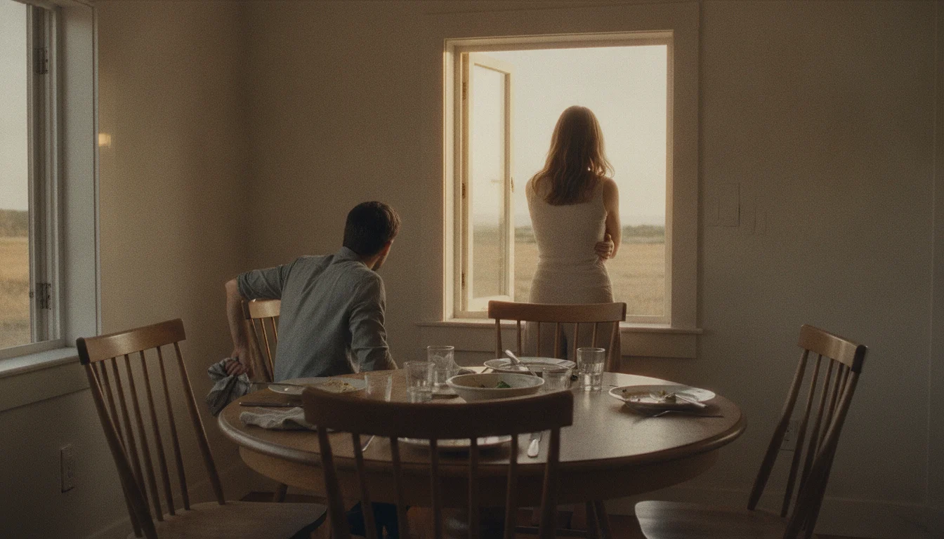 A woman standing at the bright window of a dining room with her arms wrapped around herself while a man at the cleared table turns in his chair toward her.