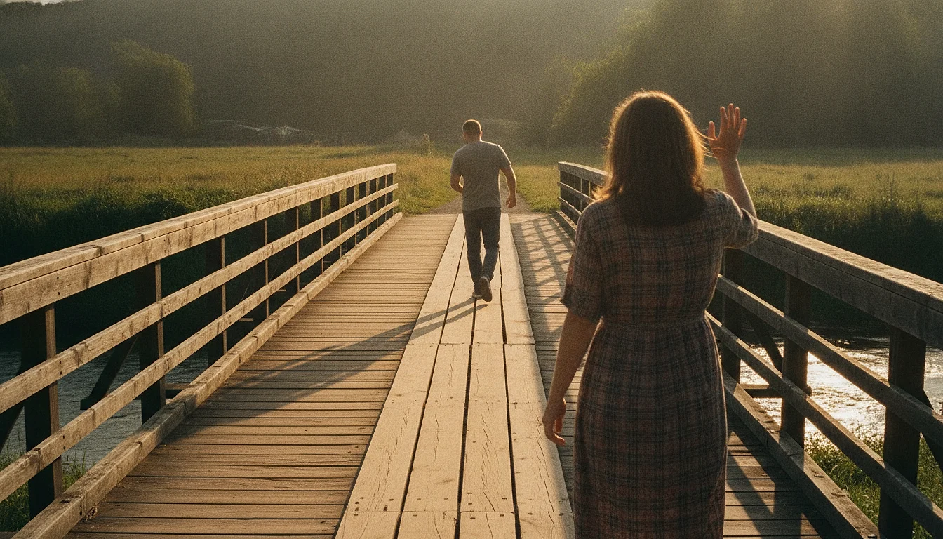 A man walking away across a wooden pedestrian bridge at golden hour, pausing mid-stride, while a woman at the near end of the bridge half-raises a hand behind him.