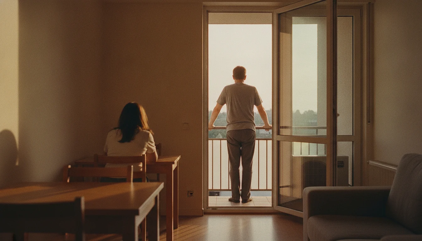 A man at a balcony railing with his back to a warmly lit interior, the balcony door left ajar behind him, a woman visible far inside in soft focus.