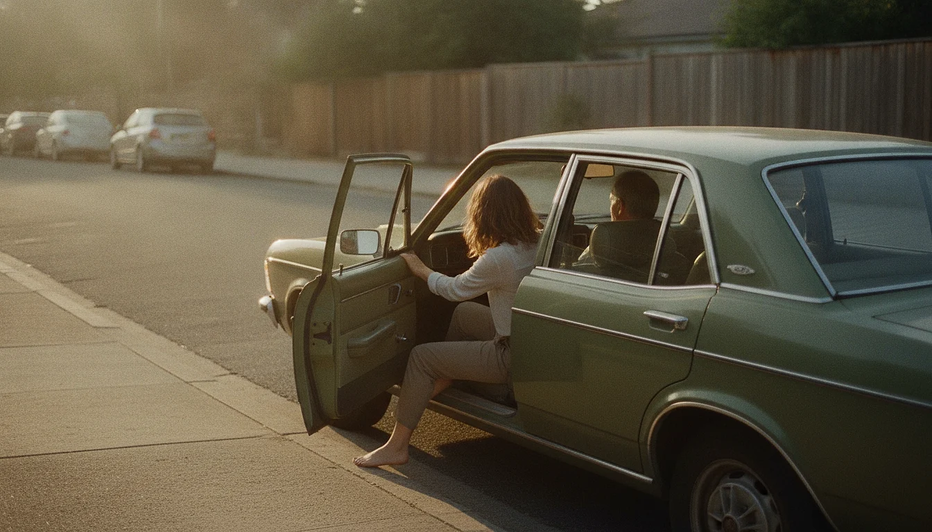 A woman on the passenger seat of a parked car with the door open and one bare foot on the pavement, her torso twisted back inward toward the driver, in warm evening light.