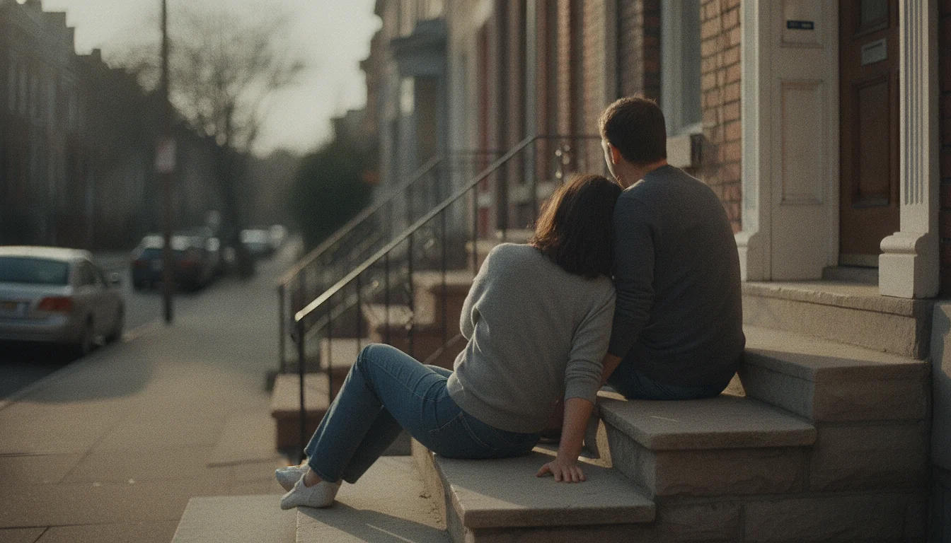 A man and a woman sitting side by side on the front steps of a townhouse in low sun, her head leaning toward his shoulder while her body and feet angle away down the steps.