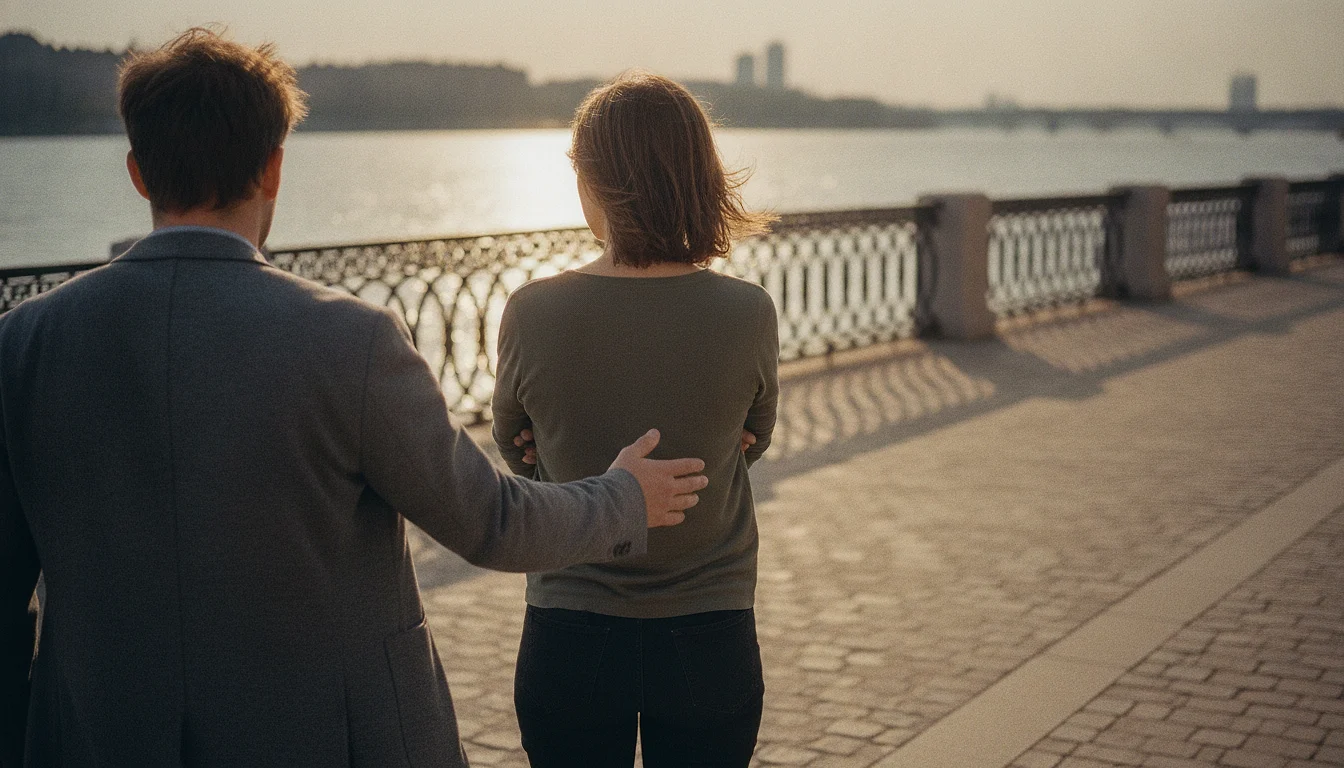 On a riverside promenade a woman stands turned away with her arms crossed while the man behind her reaches toward her back, his hand stopped just short of touching.
