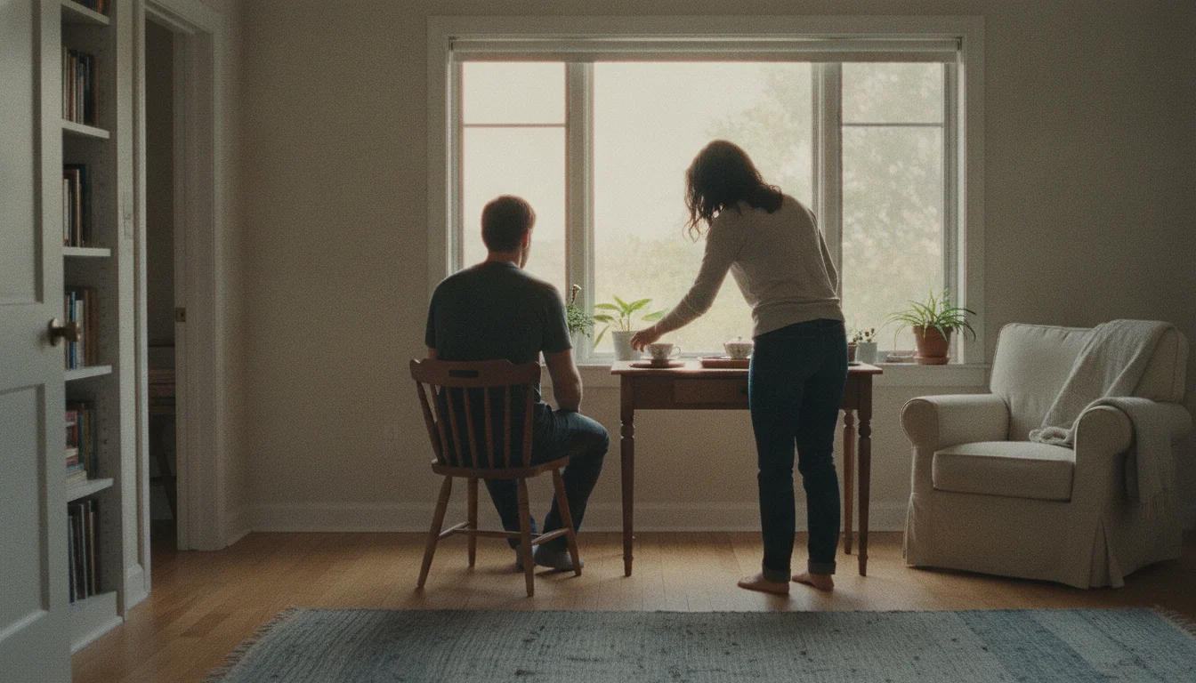 A woman pausing mid-motion while setting one of two cups of tea beside a man at a desk who has not turned from the bright window in front of him.