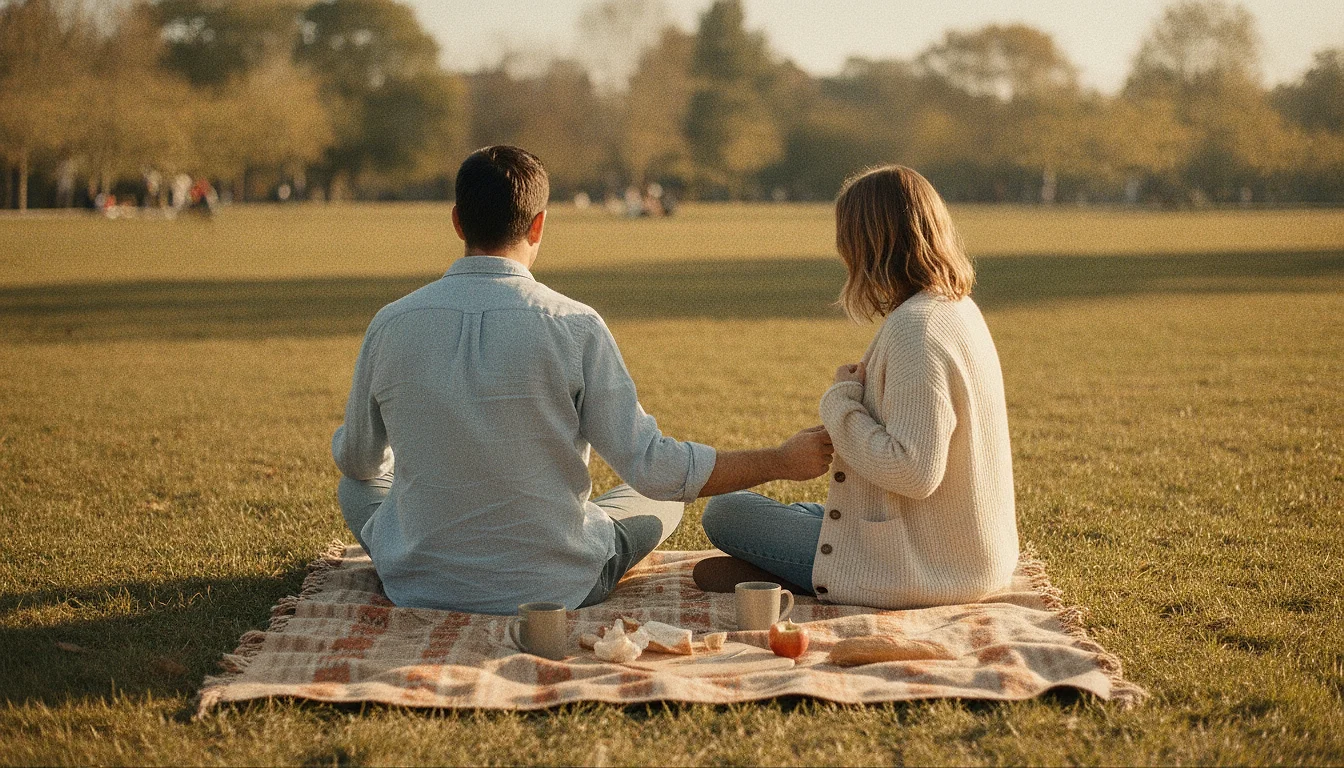 On a picnic blanket in a park, a woman sitting at the blanket's edge pulls her cardigan closed with one hand while her other hand still holds onto the man's hand at arm's length.