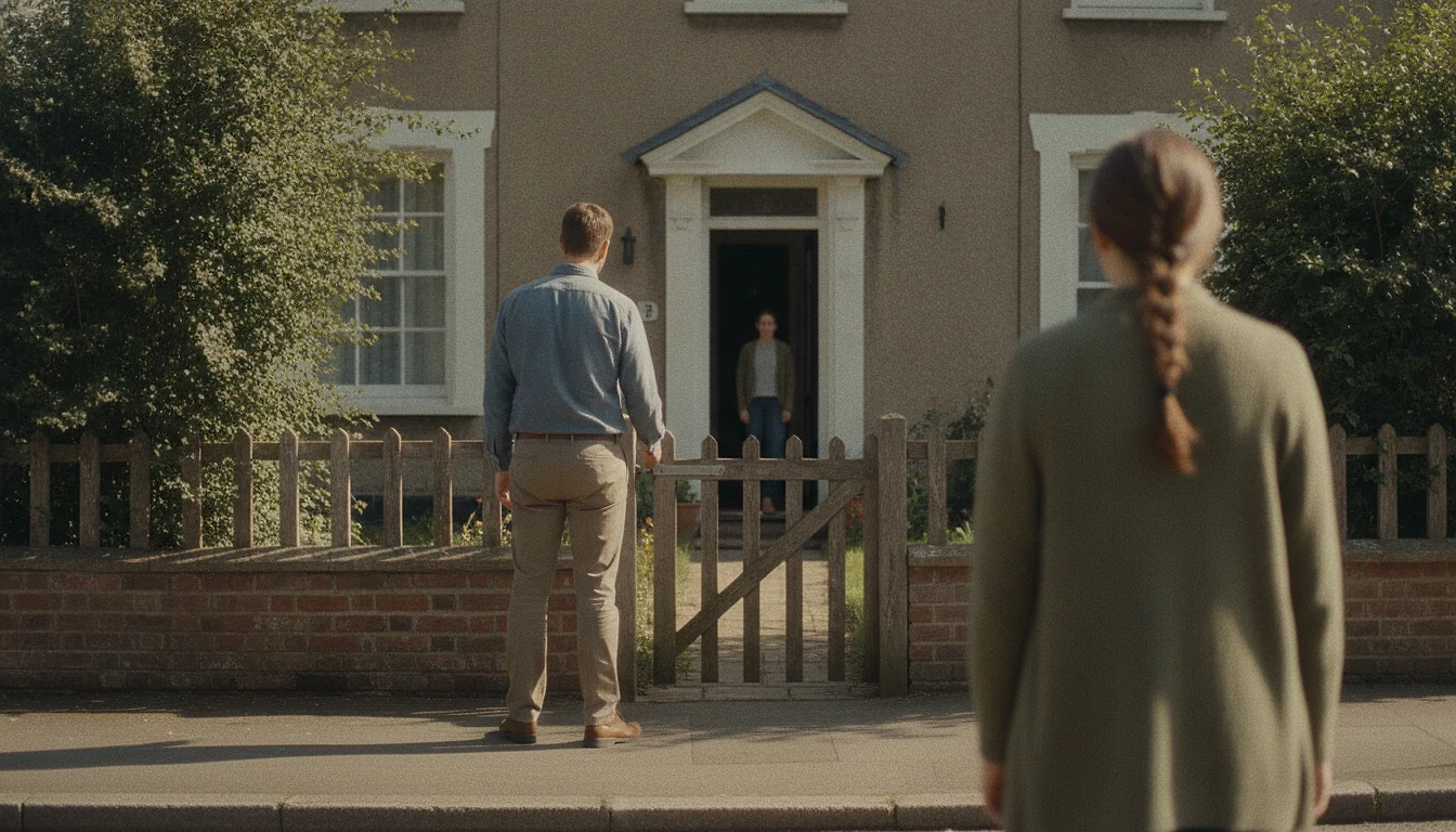 A man standing at the low garden gate of a house, one hand on the latch, seen from behind between a woman watching from the pavement and a distant figure in the doorway.