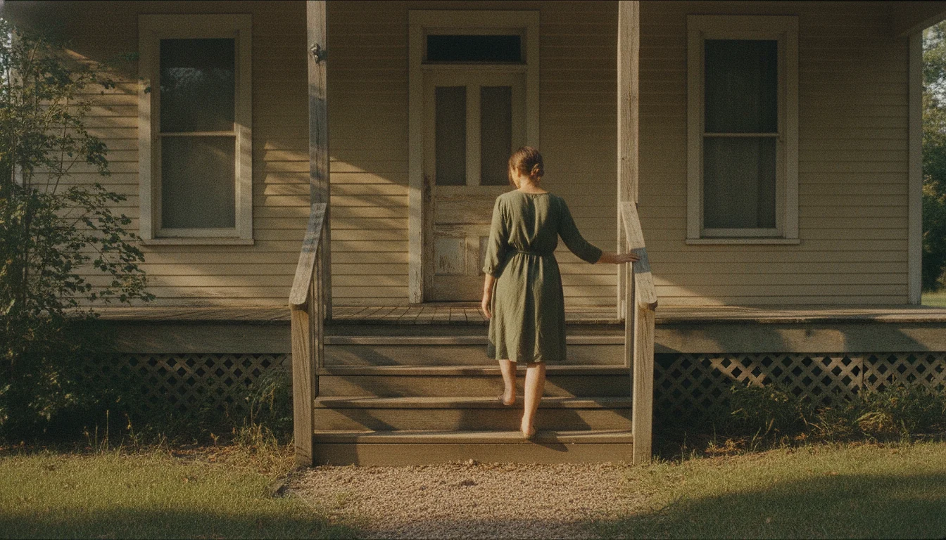 A woman paused partway up the wooden porch steps of an old house in low golden light, one hand on the rail, caught mid-step between climbing and turning back.